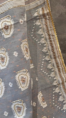 Grey Jamdani Saree with White & Golden Katdana Work Grey Jamdani Saree with White & Golden Katdana Work
