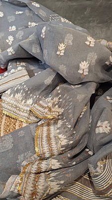 Grey Jamdani Saree with White & Golden Katdana Work Grey Jamdani Saree with White & Golden Katdana Work