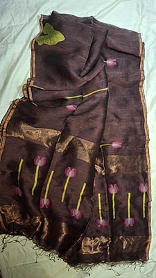 Chocolate Silk Linen Saree with Pink Lotus Motifs & Copper Zari Chocolate Silk Linen Saree with Pink Lotus Motifs & Copper Zari
