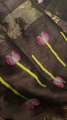 Chocolate Silk Linen Saree with Pink Lotus Motifs & Copper Zari Chocolate Silk Linen Saree with Pink Lotus Motifs & Copper Zari