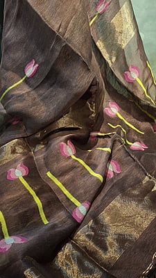 Chocolate Silk Linen Saree with Pink Lotus Motifs & Copper Zari Chocolate Silk Linen Saree with Pink Lotus Motifs & Copper Zari