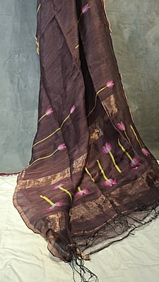Chocolate Silk Linen Saree with Pink Lotus Motifs & Copper Zari Chocolate Silk Linen Saree with Pink Lotus Motifs & Copper Zari