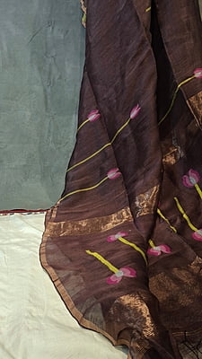 Chocolate Silk Linen Saree with Pink Lotus Motifs & Copper Zari Chocolate Silk Linen Saree with Pink Lotus Motifs & Copper Zari