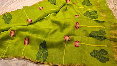 Lime Green Silk Linen Saree with Pink Lotus Motifs & Copper Zari Lime Green Silk Linen Saree with Pink Lotus Motifs & Copper Zari