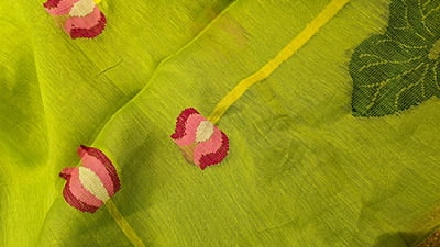 Lime Green Silk Linen Saree with Pink Lotus Motifs & Copper Zari Lime Green Silk Linen Saree with Pink Lotus Motifs & Copper Zari