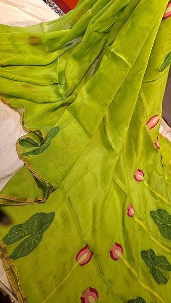 Lime Green Silk Linen Saree with Pink Lotus Motifs & Copper Zari Lime Green Silk Linen Saree with Pink Lotus Motifs & Copper Zari