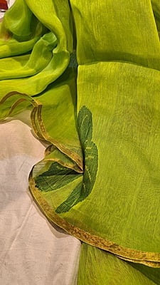 Lime Green Silk Linen Saree with Pink Lotus Motifs & Copper Zari Lime Green Silk Linen Saree with Pink Lotus Motifs & Copper Zari