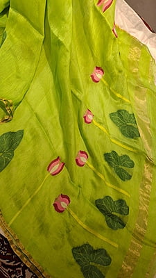 Lime Green Silk Linen Saree with Pink Lotus Motifs & Copper Zari Lime Green Silk Linen Saree with Pink Lotus Motifs & Copper Zari