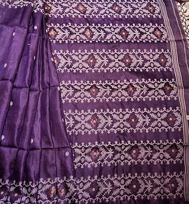 Pure Tussar Jamdani Saree in Purple with Traditional Woven Motifs Pure Tussar Jamdani Saree in Purple with Traditional Woven Motifs