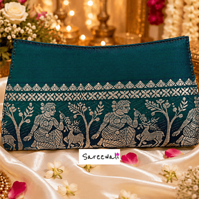 Blue Green Dual-Tone Baluchari Pure Silk Clutch Purse