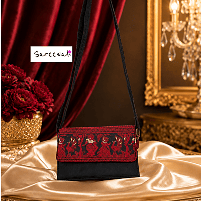 Black & Red Baluchari Pure Silk Sling Purse
