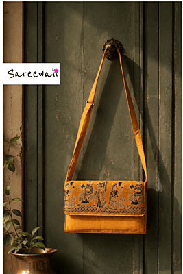 Swarnachari Silk Purse with Sling | Zari & Navy Blue Meena Work