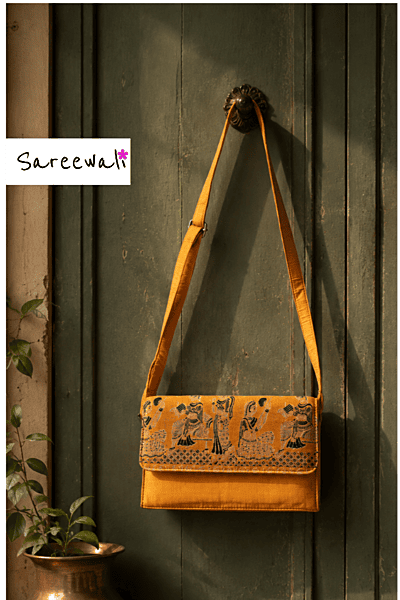 Swarnachari Silk Purse with Sling | Zari & Navy Blue Meena Work Swarnachari Silk Purse with Sling | Zari & Navy Blue Meena Work