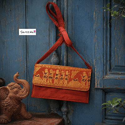 Premium Swarnachari Silk Purse | Rust Zari & Navy Blue Meena Work