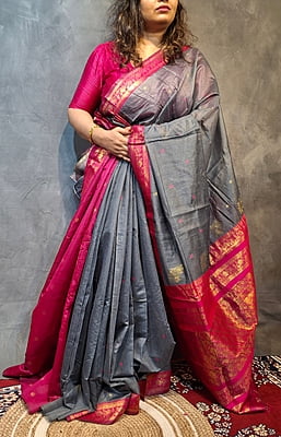 Steel Grey Cotton Silk Saree with Rani Pink Border & Rich Gold Zari Weaving Steel Grey Cotton Silk Saree with Rani Pink Border & Rich Gold Zari Weaving