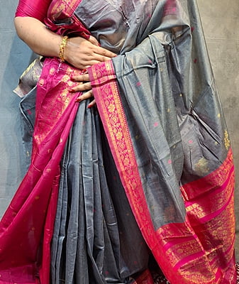 Steel Grey Cotton Silk Saree with Rani Pink Border & Rich Gold Zari Weaving Steel Grey Cotton Silk Saree with Rani Pink Border & Rich Gold Zari Weaving