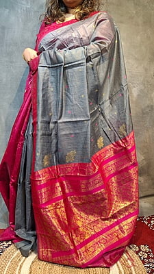 Steel Grey Cotton Silk Saree with Rani Pink Border & Rich Gold Zari Weaving Steel Grey Cotton Silk Saree with Rani Pink Border & Rich Gold Zari Weaving