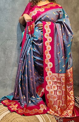 Blue-Rani Dual Tone Semi Silk Saree with Rani Pink Floral Border & Gold Zari Blue-Rani Dual Tone Semi Silk Saree with Rani Pink Floral Border & Gold Zari