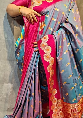 Blue-Rani Dual Tone Semi Silk Saree with Rani Pink Floral Border & Gold Zari Blue-Rani Dual Tone Semi Silk Saree with Rani Pink Floral Border & Gold Zari