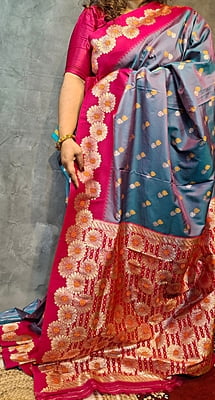 Blue-Rani Dual Tone Semi Silk Saree with Rani Pink Floral Border & Gold Zari Blue-Rani Dual Tone Semi Silk Saree with Rani Pink Floral Border & Gold Zari