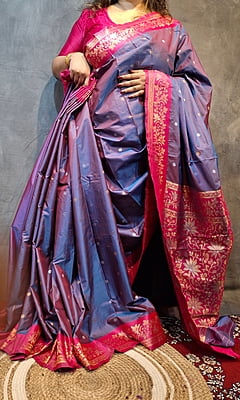 Blue-Pink Dual Tone Semi Silk Saree with Rani Pink Border & Gold Zari Weaving Blue-Pink Dual Tone Semi Silk Saree with Rani Pink Border & Gold Zari Weaving