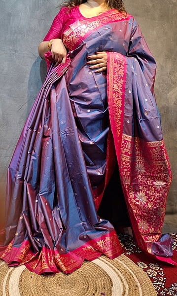 Blue-Pink Dual Tone Semi Silk Saree with Rani Pink Border & Gold Zari Weaving Blue-Pink Dual Tone Semi Silk Saree with Rani Pink Border & Gold Zari Weaving