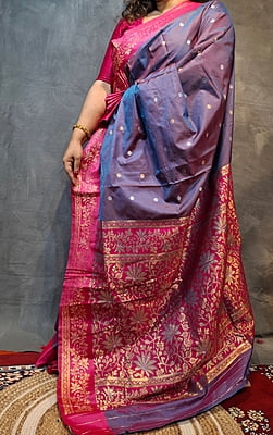 Blue-Pink Dual Tone Semi Silk Saree with Rani Pink Border & Gold Zari Weaving Blue-Pink Dual Tone Semi Silk Saree with Rani Pink Border & Gold Zari Weaving