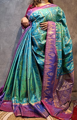 Turquoise Blue Semi Silk Saree with Purple Border & Gold Zari Weaving Turquoise Blue Semi Silk Saree with Purple Border & Gold Zari Weaving