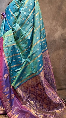Turquoise Blue Semi Silk Saree with Purple Border & Gold Zari Weaving Turquoise Blue Semi Silk Saree with Purple Border & Gold Zari Weaving