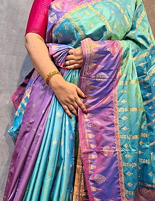 Turquoise Blue Semi Silk Saree with Purple Border & Gold Zari Weaving Turquoise Blue Semi Silk Saree with Purple Border & Gold Zari Weaving