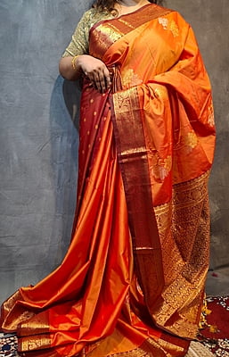 Bright Orange Semi Silk Saree with Maroon Border & Rich Gold Zari Weaving Bright Orange Semi Silk Saree with Maroon Border & Rich Gold Zari Weaving