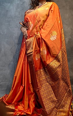 Bright Orange Semi Silk Saree with Maroon Border & Rich Gold Zari Weaving Bright Orange Semi Silk Saree with Maroon Border & Rich Gold Zari Weaving