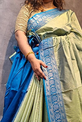 Pistachio Green Semi Silk Saree with Ferozi Border & Woven Zari Detailing Pistachio Green Semi Silk Saree with Ferozi Border & Woven Zari Detailing