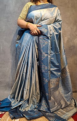 Powder Blue Semi Silk Saree with Deep Blue Zari Border & Woven Pallu Powder Blue Semi Silk Saree with Deep Blue Zari Border & Woven Pallu