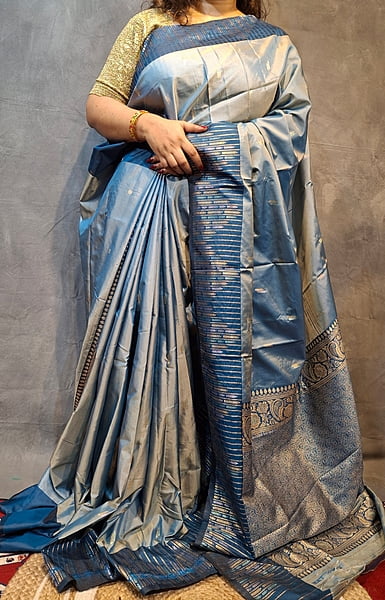 Powder Blue Semi Silk Saree with Deep Blue Zari Border & Woven Pallu Powder Blue Semi Silk Saree with Deep Blue Zari Border & Woven Pallu