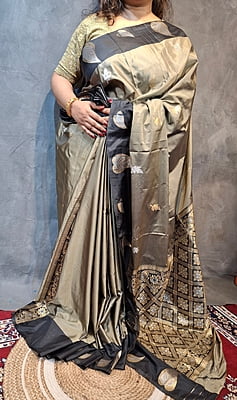 Taupe Grey Semi Silk Saree with Black Contrast Border & Antique Zari Weaving