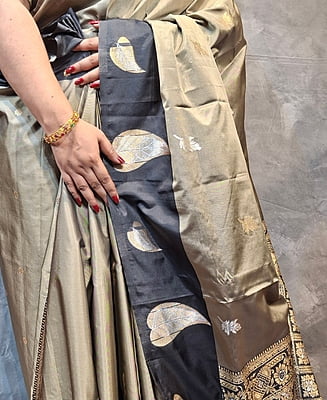 Taupe Grey Semi Silk Saree with Black Contrast Border & Antique Zari Weaving Taupe Grey Semi Silk Saree with Black Contrast Border & Antique Zari Weaving