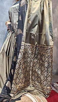 Taupe Grey Semi Silk Saree with Black Contrast Border & Antique Zari Weaving