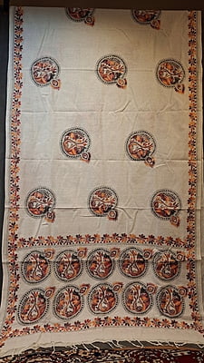 White Khadi Cotton Saree with Cotton Kantha Stitch Work White Khadi Cotton Saree with Cotton Kantha Stitch Work