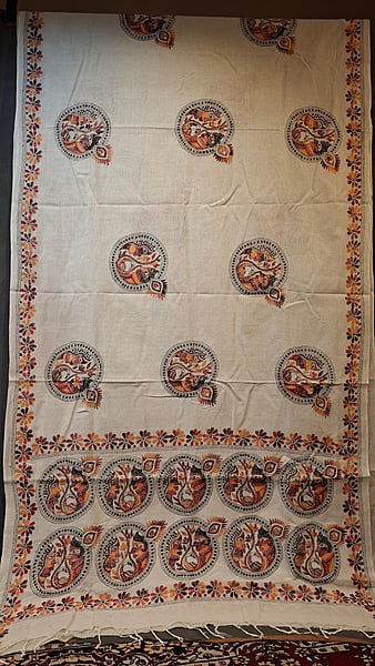 White Khadi Cotton Saree with Cotton Kantha Stitch Work White Khadi Cotton Saree with Cotton Kantha Stitch Work