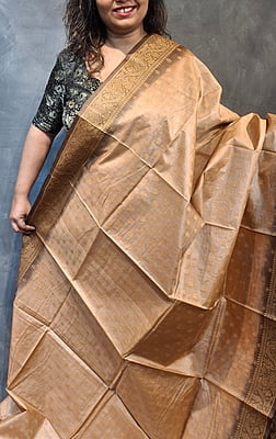 Chandan Colour Pure Tussar Silk Saree with Floral-Paisley Border & Statement Pallu