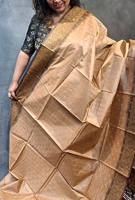 Chandan Colour Pure Tussar Silk Saree with Floral-Paisley Border & Statement Pallu