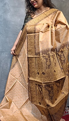 Chandan Colour Pure Tussar Silk Saree with Floral-Paisley Border & Statement Pallu