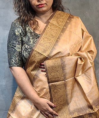 Chandan Colour Pure Tussar Silk Saree with Floral-Paisley Border & Statement Pallu Chandan Colour Pure Tussar Silk Saree with Floral-Paisley Border & Statement Pallu