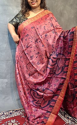 Pink Kalamkari Tussar Silk Saree with Peacock Pallu & Floral Motifs Pink Kalamkari Tussar Silk Saree with Peacock Pallu & Floral Motifs