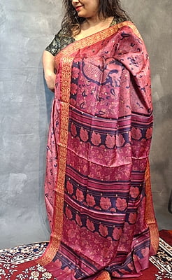 Pink Kalamkari Tussar Silk Saree with Peacock Pallu & Floral Motifs Pink Kalamkari Tussar Silk Saree with Peacock Pallu & Floral Motifs