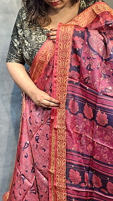 Pink Kalamkari Tussar Silk Saree with Peacock Pallu & Floral Motifs Pink Kalamkari Tussar Silk Saree with Peacock Pallu & Floral Motifs