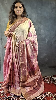 Rose pink and ivory pure tassar hand embroidered katdana work saree Rose pink and ivory pure tassar hand embroidered katdana work saree