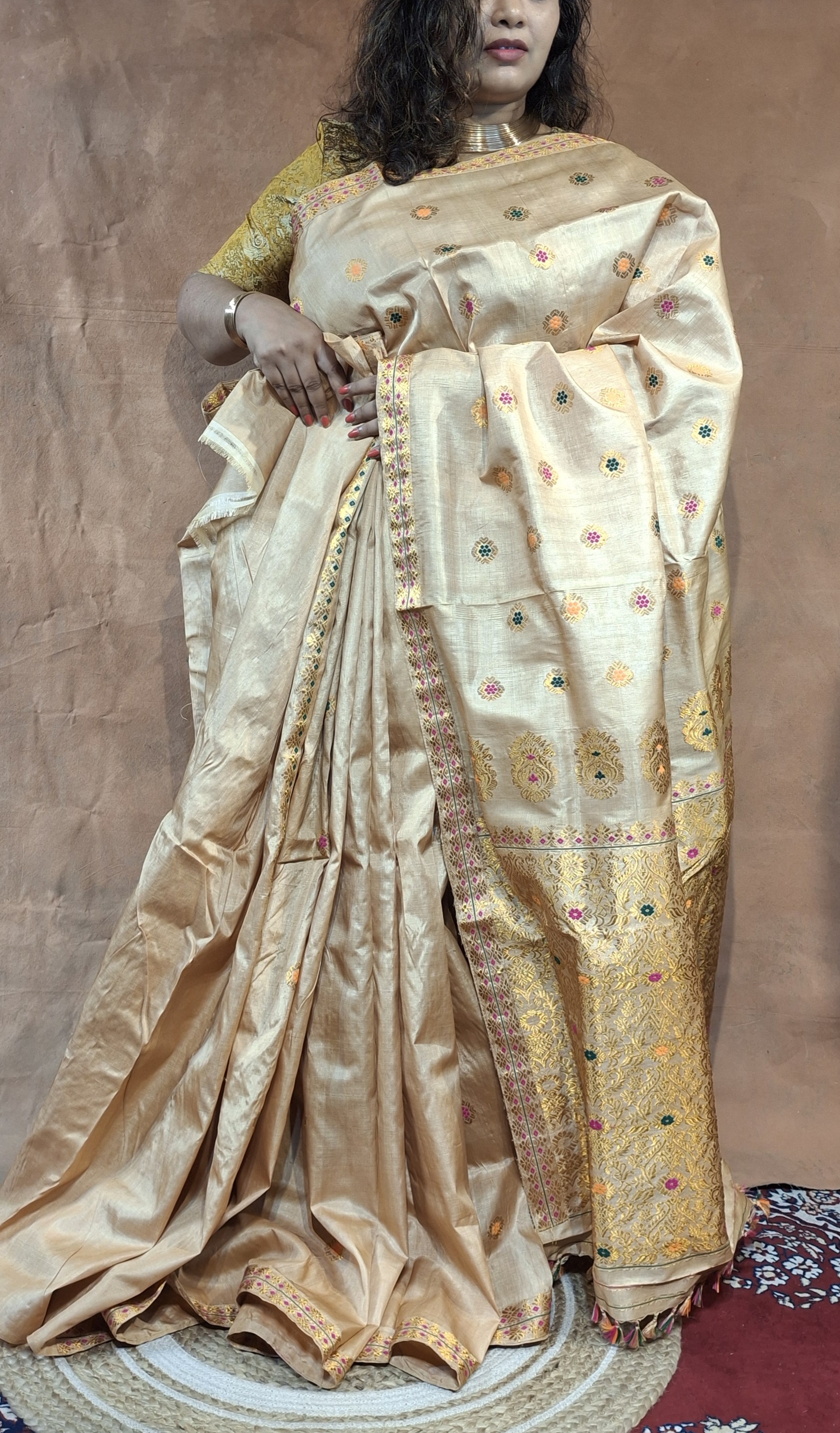 Premium Assam Tussar by Tussar Saree with Goona Zari & Three-Colour Meena Work Premium Assam Tussar by Tussar Saree with Goona Zari & Three-Colour Meena Work