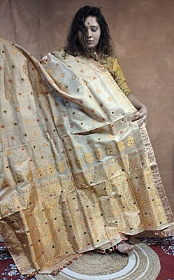 Premium Assam Tussar by Tussar Saree with Goona Zari & Three-Colour Meena Work Premium Assam Tussar by Tussar Saree with Goona Zari & Three-Colour Meena Work